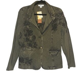 Coldwater Creek Jacket Olive Green 14 Blazer Utility Embroidered Cotton  Floral